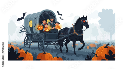 Halloween Carriage Ride: A whimsical, artistic depiction of a spooky Halloween scene, featuring a horse-drawn carriage filled with children and jack-o'-lanterns. Bats soar across a gray sky above.