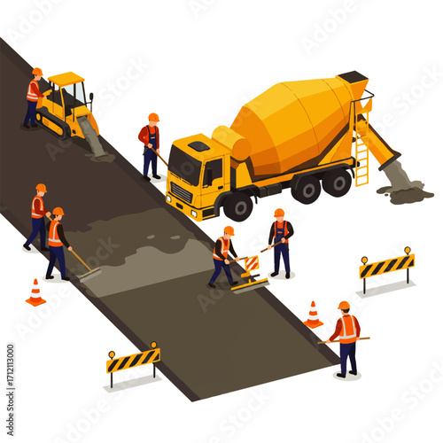 Illustration of construction workers paving a road with a concrete mixer truck and a bulldozer, using tools and wearing safety gear.