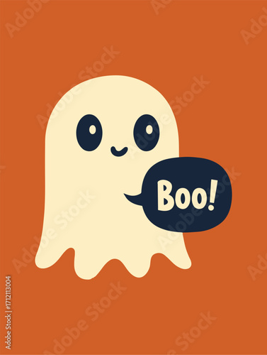 Cute cartoon ghost saying boo isolated on orange background