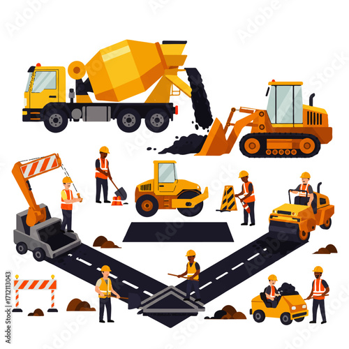 Illustration depicting road construction with various vehicles, workers, and equipment laying asphalt and building a road.