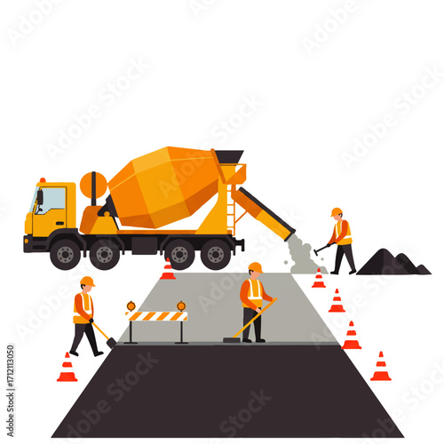 Illustration of construction workers paving a road with a concrete mixer truck and safety cones.