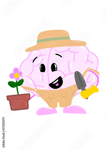 brain planting cute brain icon character design