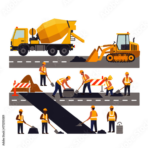 Illustration depicting road construction with workers using shovels, a cement truck, and a bulldozer on a road surface.