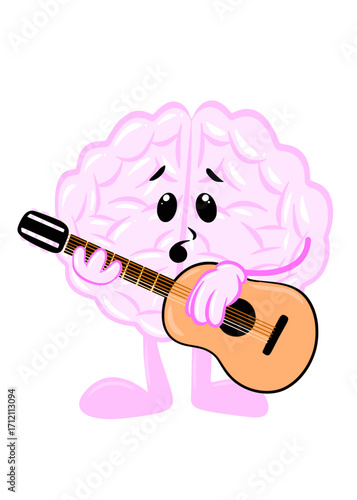 brain playing guitar cute brain icon character design