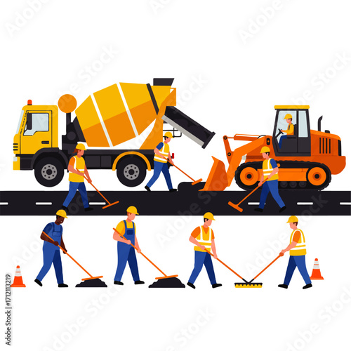 Illustration of construction workers paving a road with a cement truck and a bulldozer on a white background.