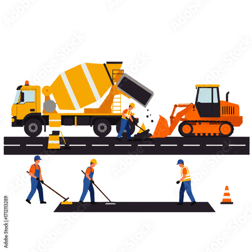 Illustration of road construction scene with workers, cement truck pouring asphalt, and bulldozer on a newly paved road.