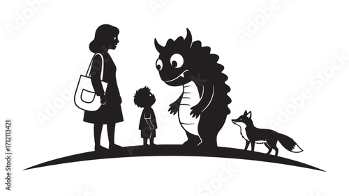 Mother child monster and fox family illustration