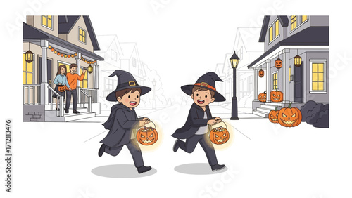 Halloween's Ghoulish Gathering: Two young children dressed in spooky costumes, gleefully run through a festive neighborhood. The vibrant scene, filled with grinning jack-o'-lanterns.