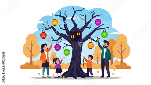Autumn Festivities: An illustrative scene of a family adorned a spooky tree with vibrant lanterns, celebrating the spirit of autumn amid the changing foliage of the season.