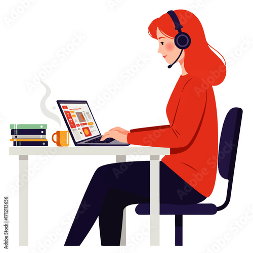 Illustration of a woman with red hair wearing a headset, working on a laptop at a desk with books and a steaming mug.