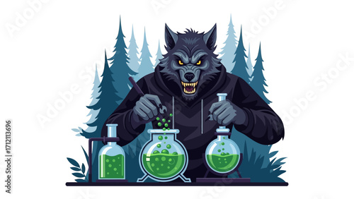 Werewolf in Science: An illustration of a fierce werewolf experimenting with scientific beakers and experiments set against a spooky forest scene, capturing the essence of a surreal.