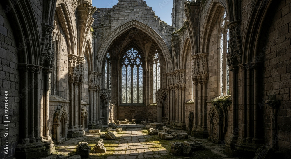 Fototapeta premium Ruined Stone Abbey Interior Featuring Gothic Arches and Windows on a Sunny Day with Grass Growing Inside