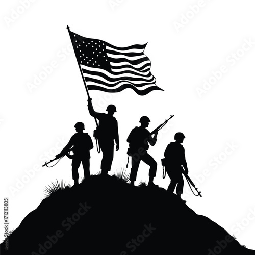 Silhouette soldiers raising American flag on hilltop