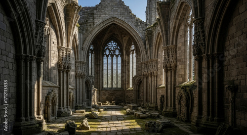Ruined Stone Abbey Interior Featuring Gothic Arches and Windows on a Sunny Day with Grass Growing Inside