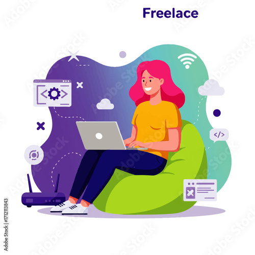 A woman with pink hair sits on a green beanbag chair, working on a laptop surrounded by coding and networking icons.