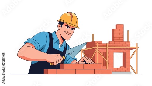 Bricklayer at Work: A construction worker, expertly wielding a trowel and wearing a safety helmet, meticulously lays bricks, constructing a building. Symbolizing the art of craftsmanship and building.