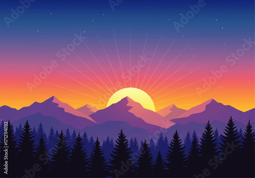 A vibrant sunset over a mountain range, with silhouetted trees in the foreground and a colorful sky transitioning from blue to orange.