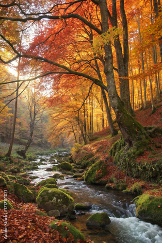 Golden autumn forest stream with vibrant fall foliage and sunlight