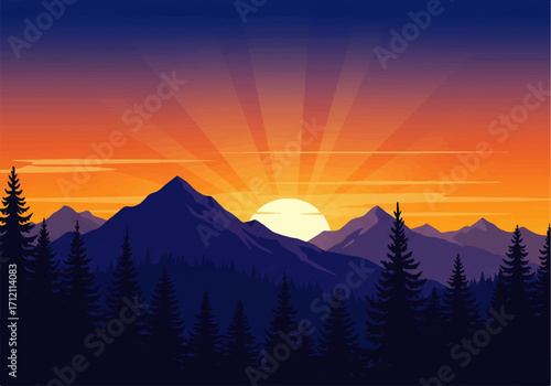 A stylized landscape illustration featuring silhouetted mountains and evergreen trees against a vibrant sunset sky with radiating sunbeams.