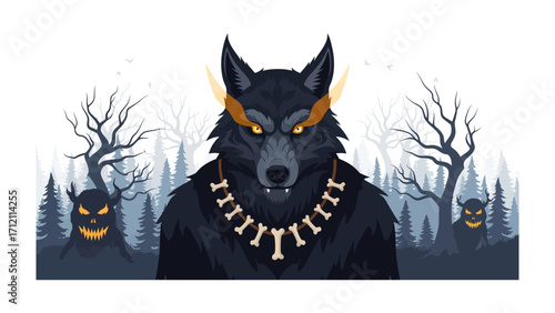 Mysterious Werewolf Illustration: A chilling illustration of a menacing werewolf, set against a spooky forest backdrop with Halloween elements, radiating a mysterious and eerie ambiance.