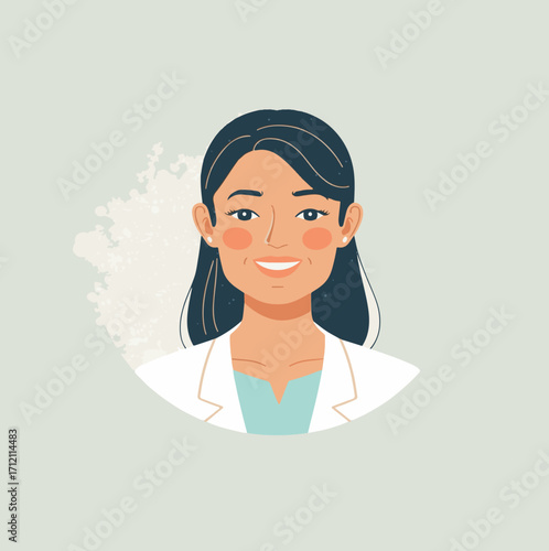 Vector design of A minimalist illustration of a teacher in a flat design style, featuring a smiling face with gentle facial features, warm skin tone, and approachable attributes