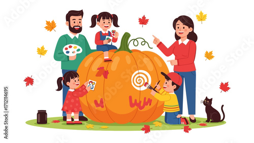 Family Pumpkin Decoration: A family creates cherished memories as they gather to paint and decorate a giant pumpkin together, embodying the spirit of fall and quality family time. 