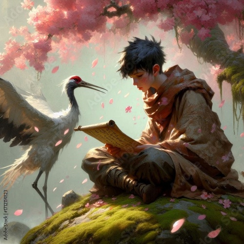 A serene moment between a boy and a majestic crane beneath cherry blossoms