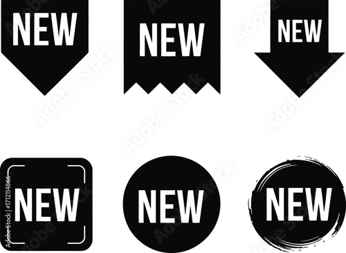 Diverse Set of Black Badges Featuring the Word NEW in White Bold Letters to Highlight Novelty and Promotion