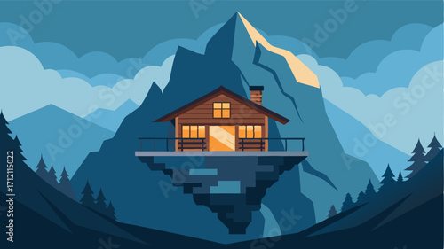 A rustic lodge built into the side of a mountain with a cozy interior and stunning views of the surrounding peaks.