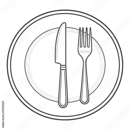 Simple outline illustration of a plate with a knife and fork