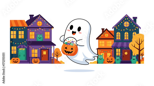 Halloween's Spooky Haunt: A playful ghost merrily floats through a quaint neighborhood during Halloween. Its adorable presence alongside houses, embodying festive cheer.