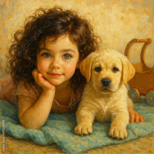A heartfelt moment between a child and her adorable fluffy puppy companion at home