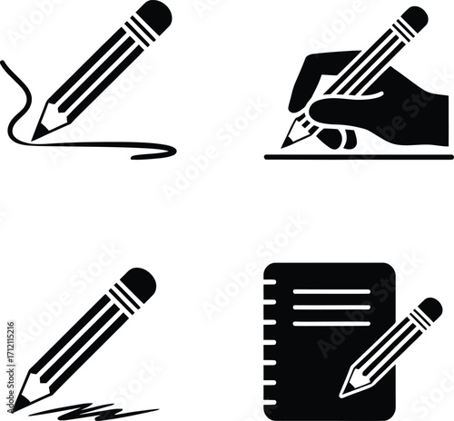 Writing Tools and Actions Depicted in Black and White Icons Representing Composition Creation Note Taking and Document Preparation Task Completion and Design