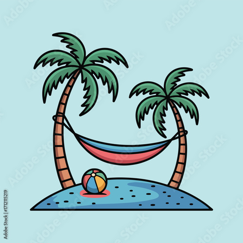 Tropical beach scene with hammock between palm trees and colorful beach ball vector illustration