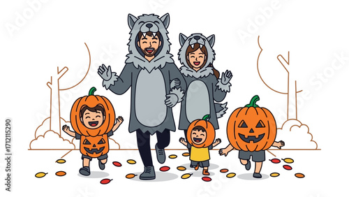Halloween Adventure: A happy family in playful costumes, embarking on a thrilling journey through a fall-themed backdrop, epitomizing the spirit of Halloween and family bonding.