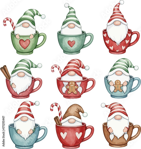 Nine adorable watercolor christmas gnomes peeking out of festive mugs with candy canes and holiday decorations