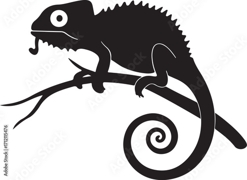 Black chameleon silhouette on a branch, ready to adapt