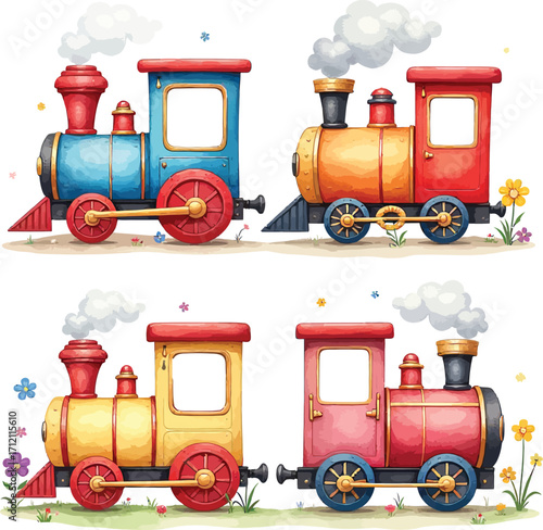 Four colorful watercolor cartoon steam trains with smoke and flowers on a white background