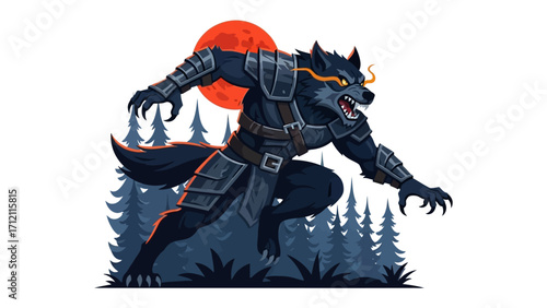 Werewolf in forest: A menacing werewolf is captured in a dynamic illustration, poised to strike against the backdrop of a dense forest beneath the crimson glow of a full moon.