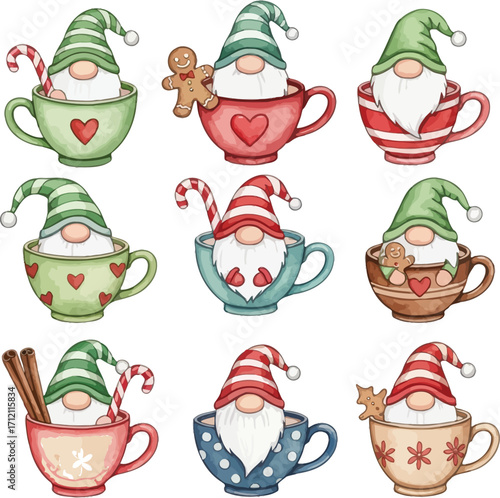 Whimsical watercolor christmas gnomes wearing festive hats sitting in cozy mugs decorated with holiday treats