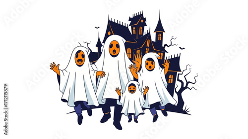 Halloween Costume Party: A cheerful gathering of costumed figures, radiating joy and anticipation, prepare for a night of festivities, silhouetted against the backdrop of a haunted mansion. 