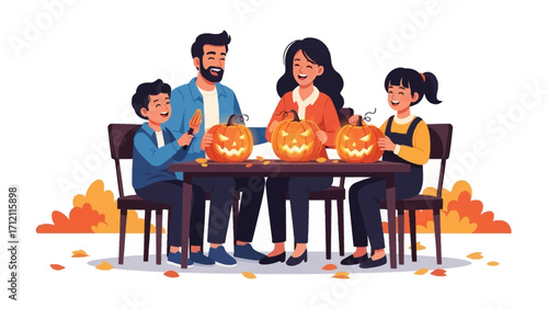 Halloween Family Carving Pumpkins: A family engrossed in a heartwarming Halloween tradition, gathering around a table to carve cheerful pumpkins, creating spooky yet festive jack-o'-lanterns.