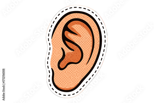 Human ear sticker in retro 90s cartoon style. Halftone vector illustration of a body part. Concept of hearing, listening, anatomy, and sense organ. Isolated design element.
