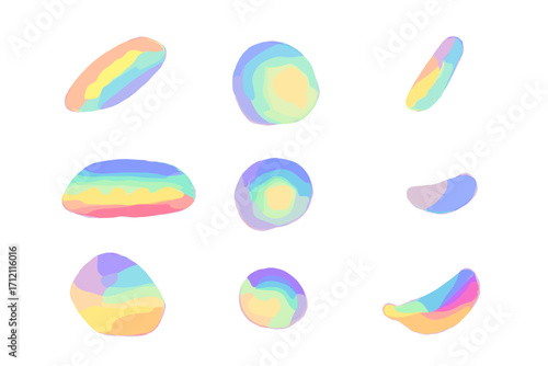 Set of rainbow reflection light spots. Holographic iridescent crystal flare leak. Caustic sunlight effect. Prism glass dispersion glare overlay. Abstract vector elements.