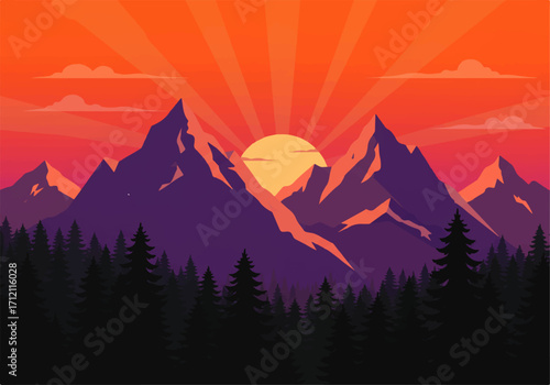 A vibrant illustration of a sunset over a mountain range, with silhouetted trees in the foreground and sun rays bursting through the peaks.