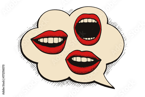 Speech bubble with female mouths collage. Pop art retro vector. Open mouth screaming, shouting, smiling. Communication, gossip, news, rumor, talk concept illustration.