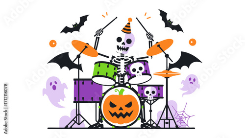 Spooky Drummer: A lively skeleton with a party hat, expertly drumming on a set adorned with Halloween motifs such as pumpkins, bats, and ghosts, creating a festive and spirited scene.