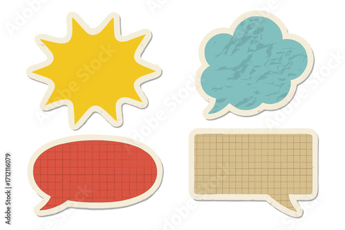 Crumpled paper speech bubble stickers set. Retro comic pop art elements. Vintage wrinkled paper texture icons for chat, messages, dialogue, and advertising promotion.