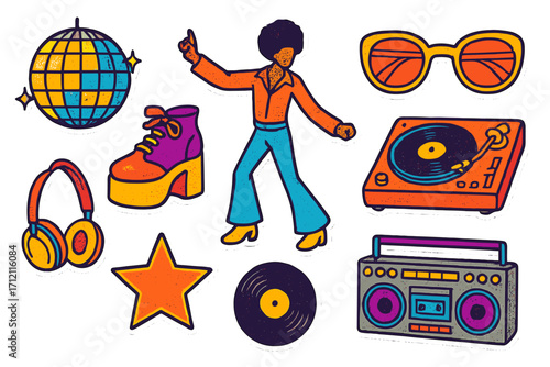 Groovy disco sticker set with funky 70s and 80s retro party elements. Vintage icons like dancer, disco ball, boombox, turntable, and vinyl record for nostalgic collage.