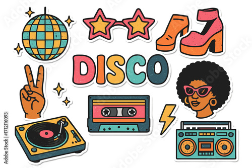 Groovy disco party sticker set. Retro 80s 90s collection. Funk music elements with disco ball, boombox, cassette and turntable. Vintage pop art cartoon illustration.